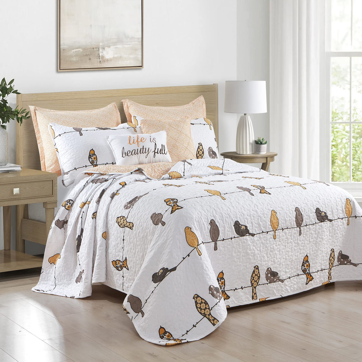 Lush Decor Rowley Birds Quilt Set, 7 Piece Set, King, Yellow & Gray - Reversible Bird Bedding Set With Pillow Cases & Throw Pill