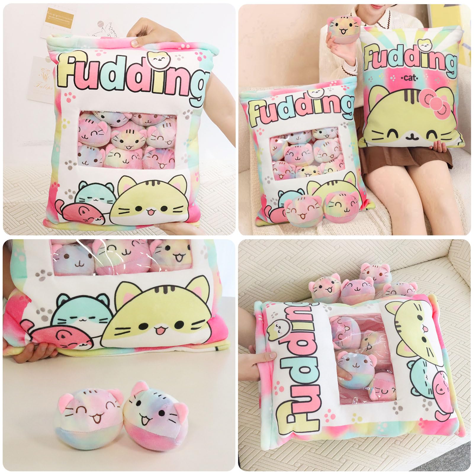 Jilpak Cat Plush Pillow, Cute Cat Plushies With Kitten Plush Doll, Removable Cat Stuffed Animals Throw Pillow, Kawaii Plushies C