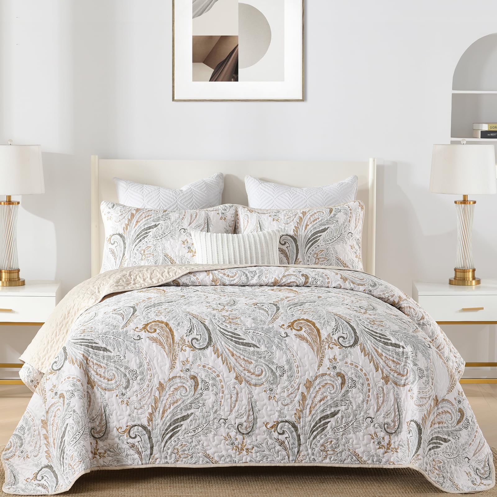 Wongs Bedding Boho Quilt Set Oversize Queen Size,Beige Paisley Floral Pattern Bedspread Coverlet Set With 2 Pillowcases,Lightwei