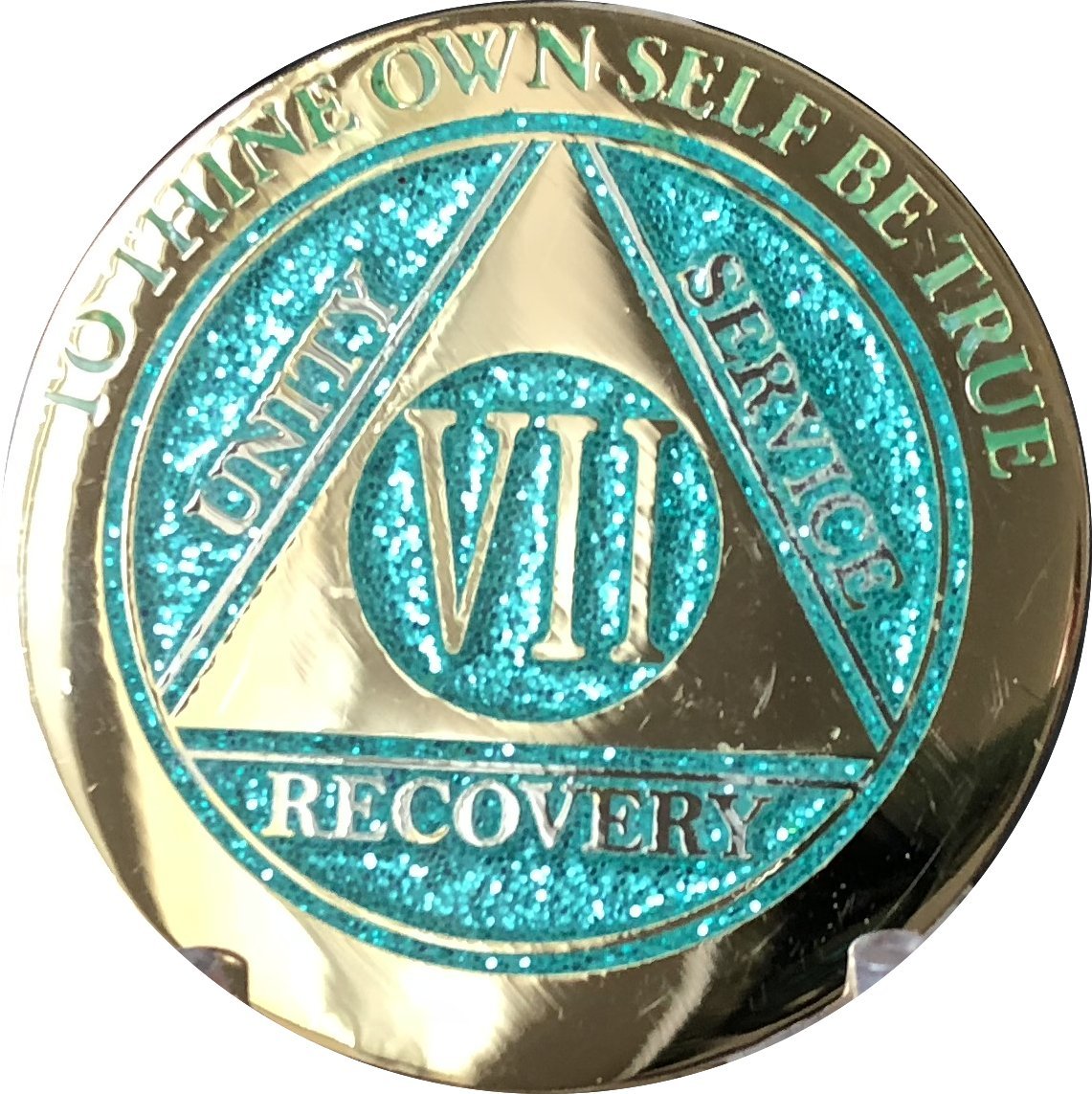 7 Year Elegant Glitter Aqua Turquoise Gold Silver Bi-Plated Aa Medallion Chip Vii