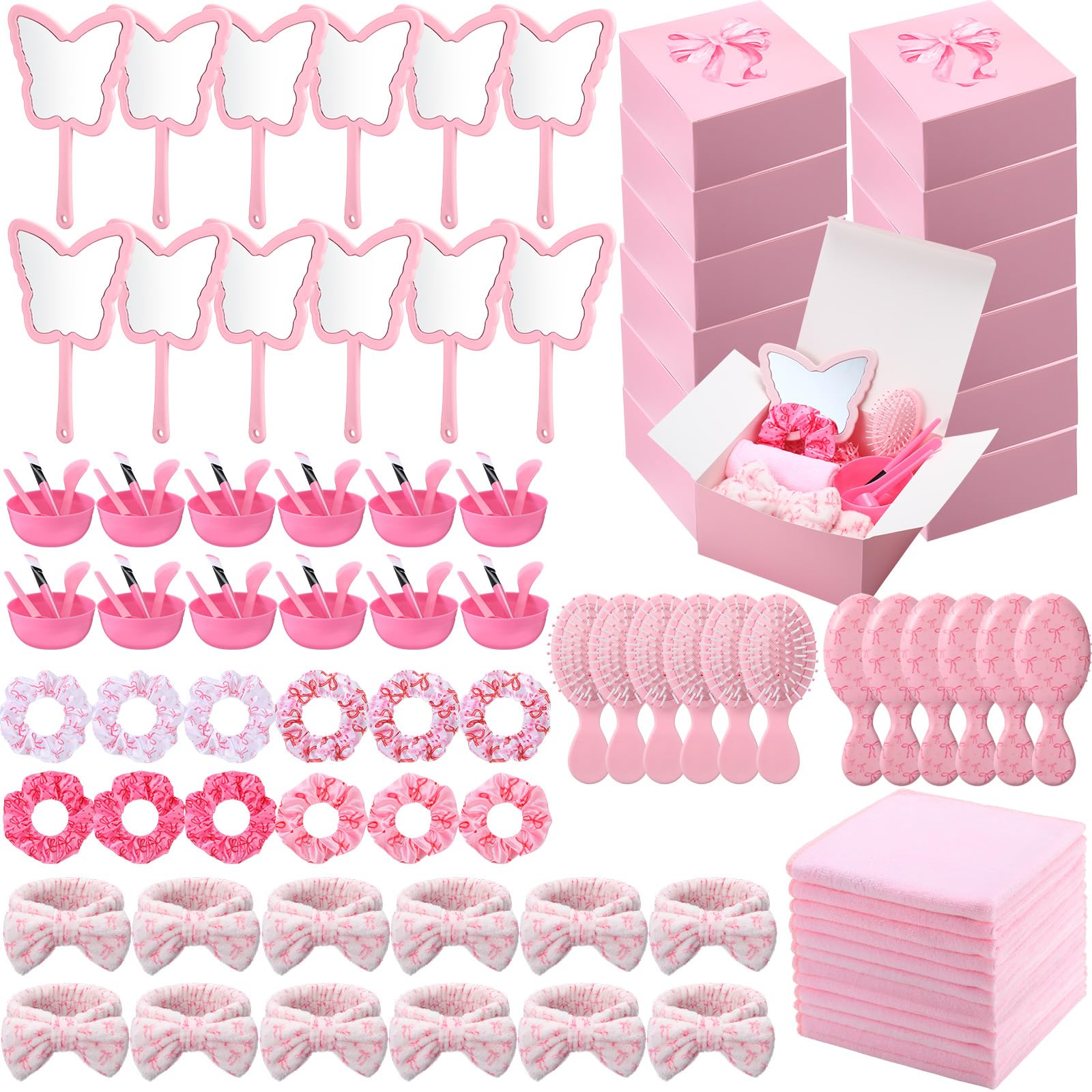 Pinkunn 120 Pcs Galentine Spa Sleepover Party Supplies, Bow Theme Spa Birthday Set with Face Mask Bowl Set, Mirrors, Combs, Head