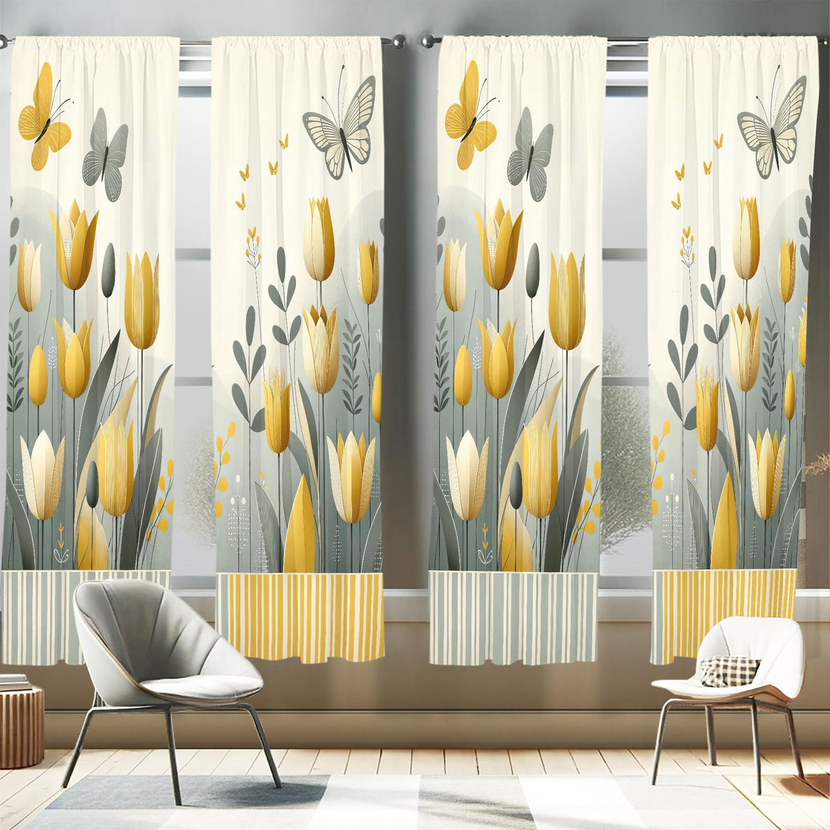 Ambesonne Yellow Window Curtains Pack Of 2, Modern Scandi Art Of Garden Scene Tulip Flowers And Dancing Butterfly, Lightweight S