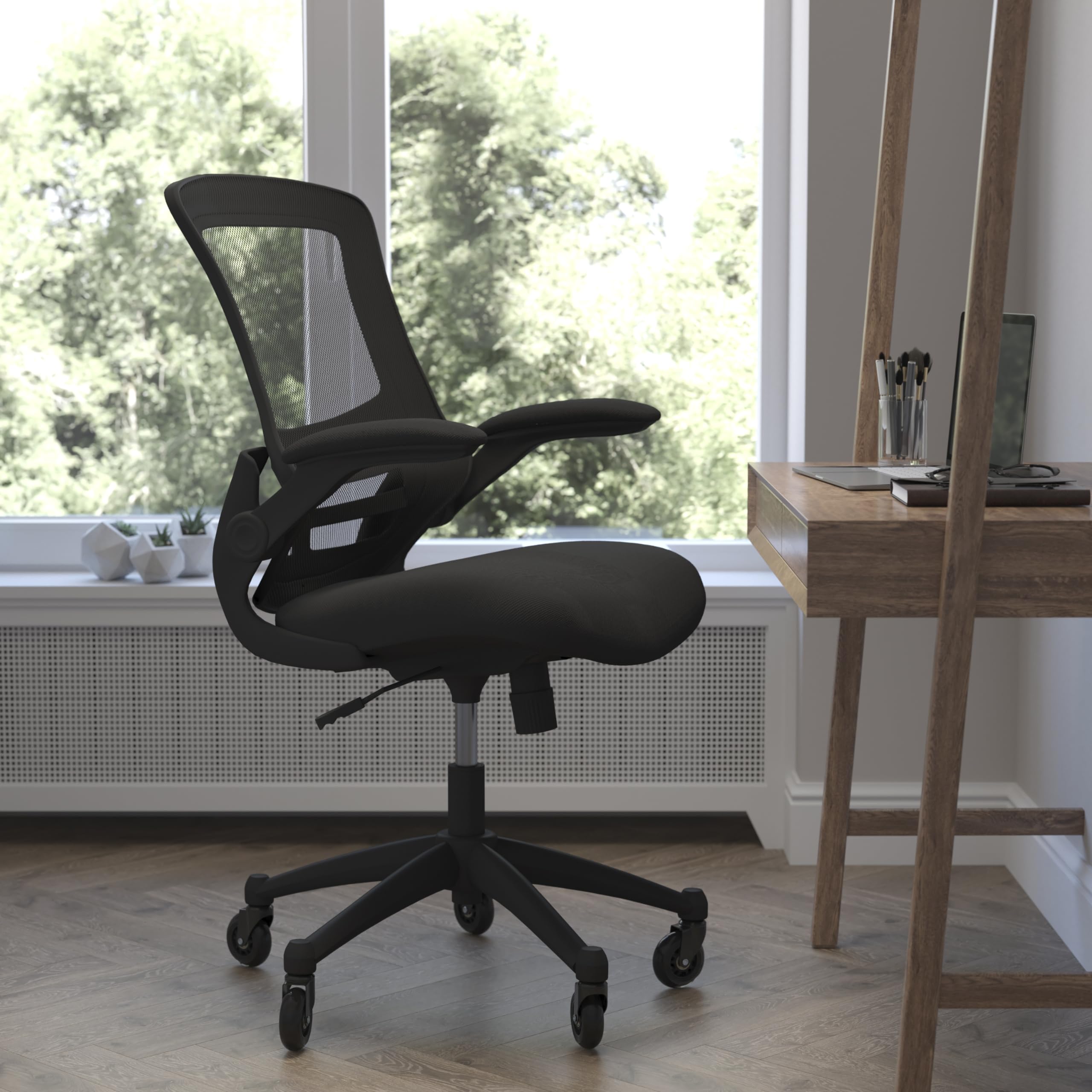 Flash Furniture Kelista Mid-Back Black Mesh Swivel Ergonomic Task Office Chair With Flip-Up Arms And Transparent Roller Wheels