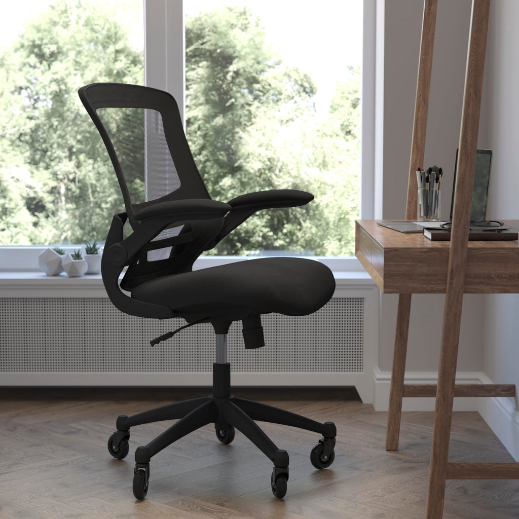 Flash Furniture Kelista Mid-Back Black Mesh Swivel Ergonomic Task Office Chair With Flip-Up Arms And Transparent Roller Wheels