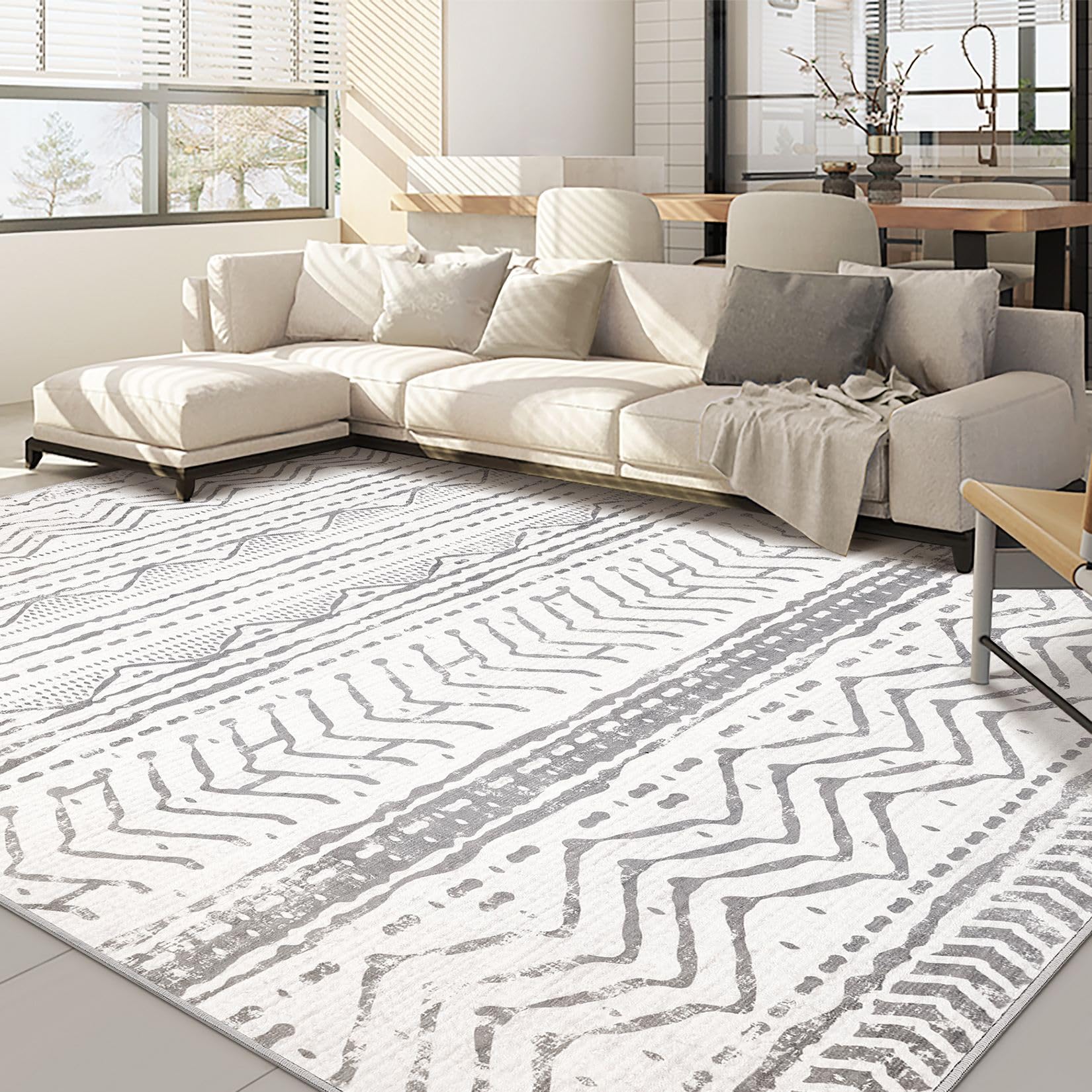 5x7 Area Rug Living Room Rugs: Large Soft Machine Washable Boho Moroccan Farmhouse Neutral Stain Resistant Indoor Floor Rug Carp