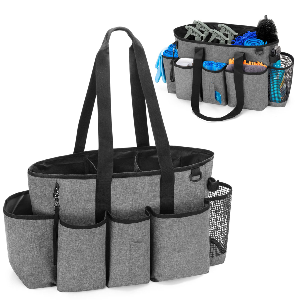 LoDrid Professional Cleaning Tote Caddy for Cleaning Supplies, Cleaning Bag Organizer with Dividers and Handle Strap for Houseke