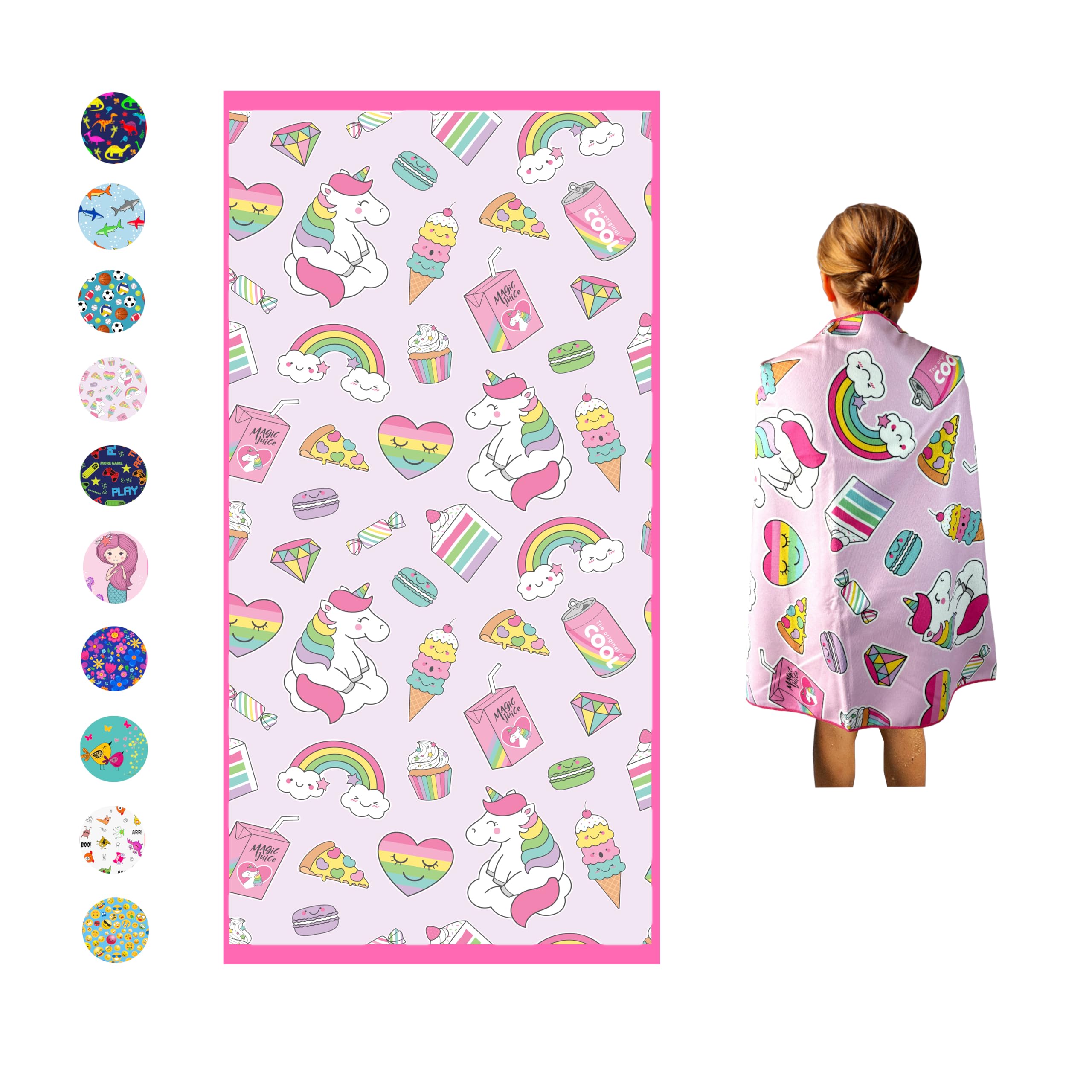 Microfiber Beach Towel for Kids - Thin and Large (30x60) - Unicorn - Absorbent, quick dry, sand free, lightweight, blanket - tod