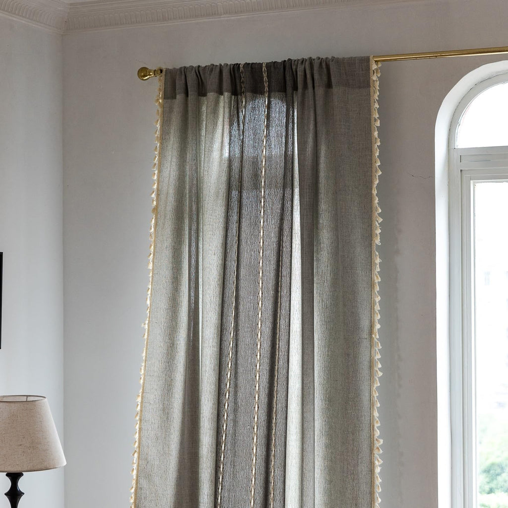 Sutuo Home Boho Curtains For Bedroom Dining Room, Semi Blackout Linen Farmhouse Shabby Chic Tassels Window Treatment Bohemian Embroidery Drape, Rod Pocket 1 Panel 52' W X 84' L, Gray Linen