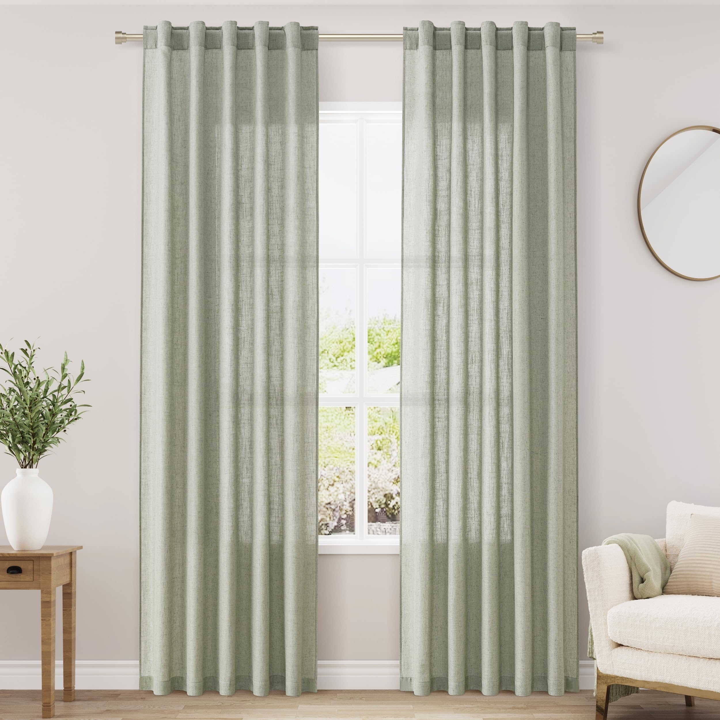 Sage Green Linen Blend Drapes 84 Inch Length 2 Panels Set Back Tab Rod Pocket Semi Sheer Textured Light Green Vertical Curtains