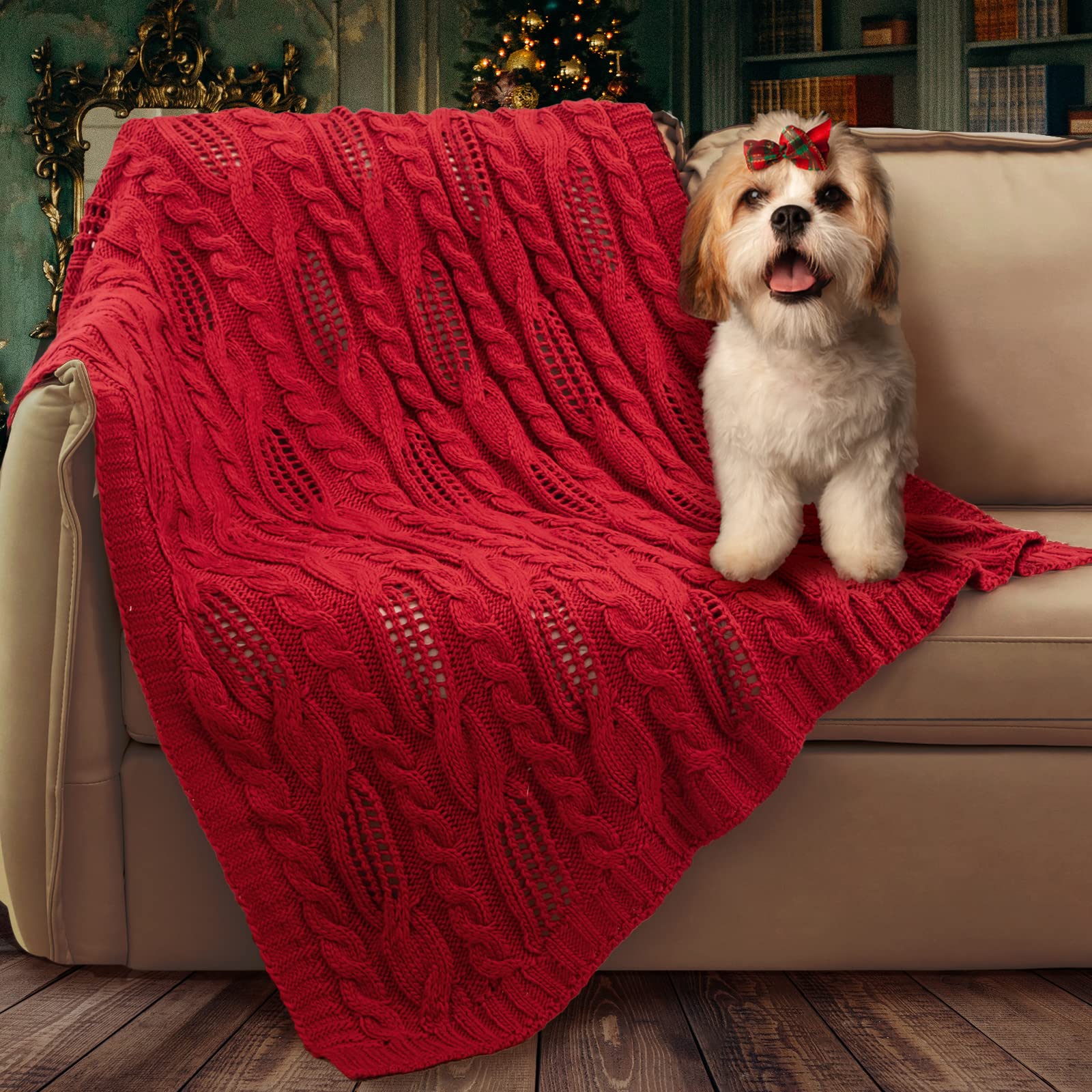 Am  Lie Home Christmas Cable Knitted Throw Blanket For Couch, Chenille Chunky Knit Throw Blanket, Xmas Decorative Farmhouse Soft