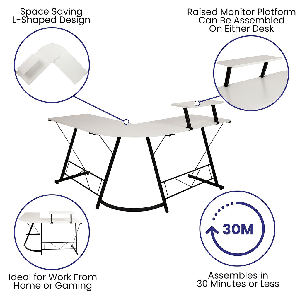 Flash Furniture Ginny Corner Desk - White/Black Space Saving L-Shaped Gaming Desk with Monitor Shelf - 71.5" 2-Tier Computer Desk, Home Office Desk, Easy Assembly
