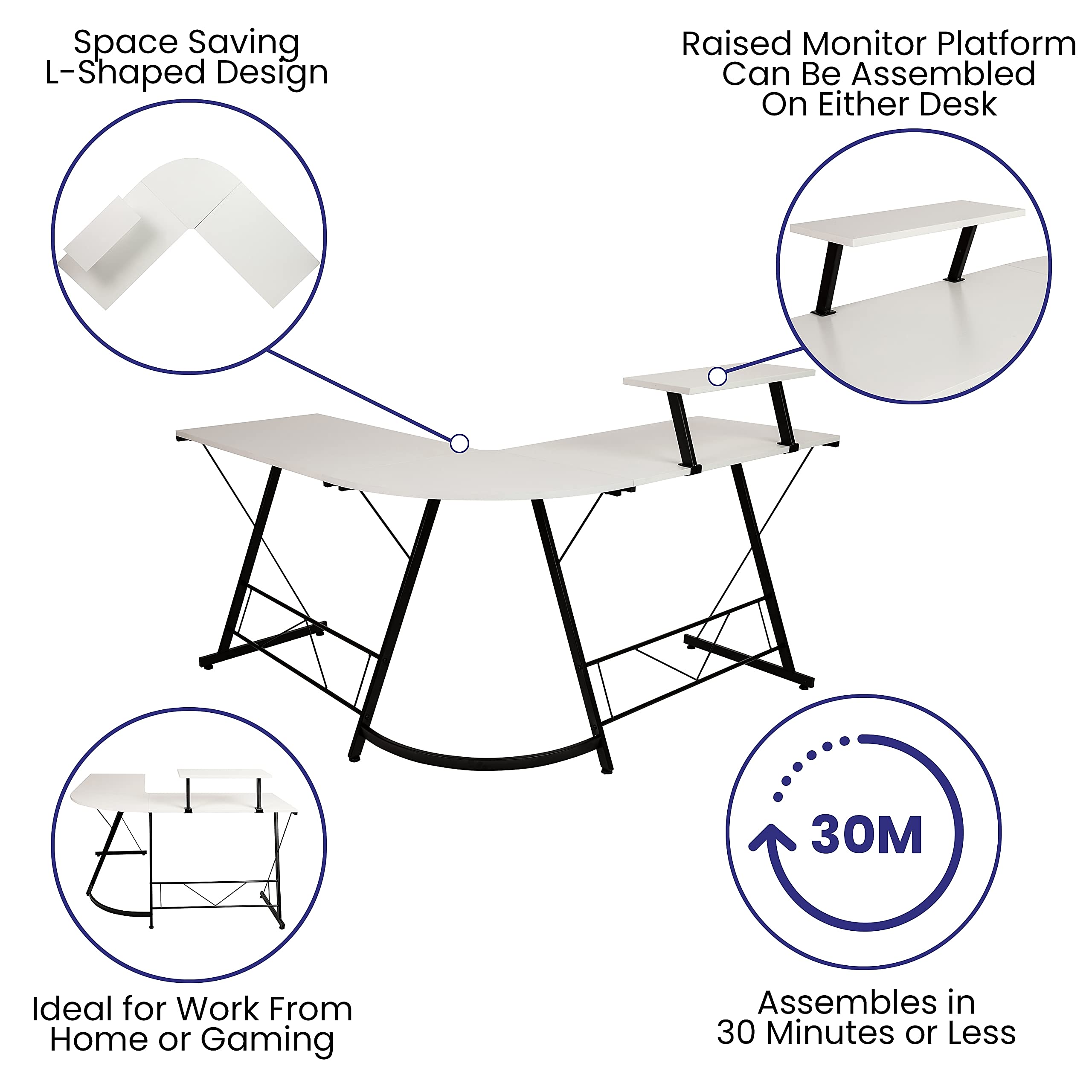 Flash Furniture Ginny Corner Desk - White/Black Space Saving L-Shaped Gaming Desk with Monitor Shelf - 71.5" 2-Tier Computer Desk, Home Office Desk, Easy Assembly