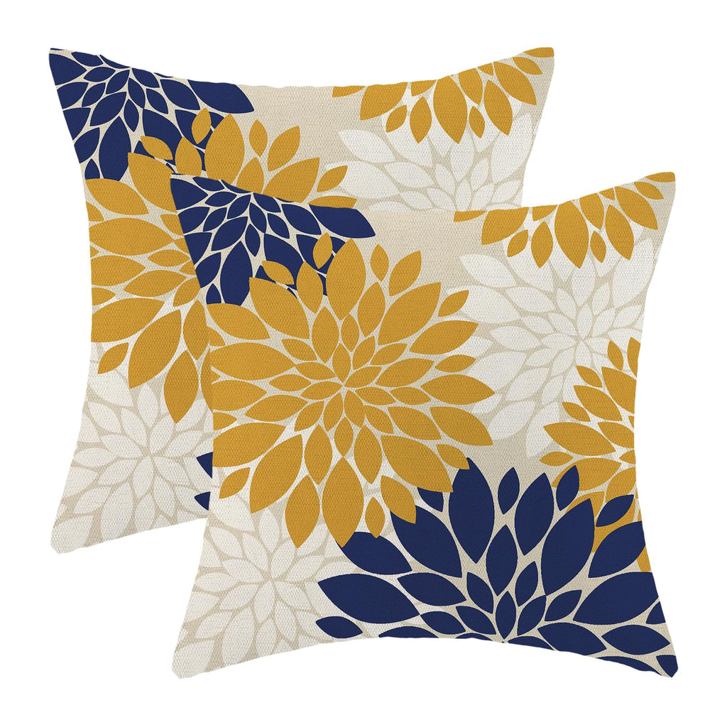 Mustard Yellow Navy Blue Pillow Covers 18x18 Inch Set of 2 White Dahlia Floral Decor Throw Pillows Summer Modern Geometry Flower