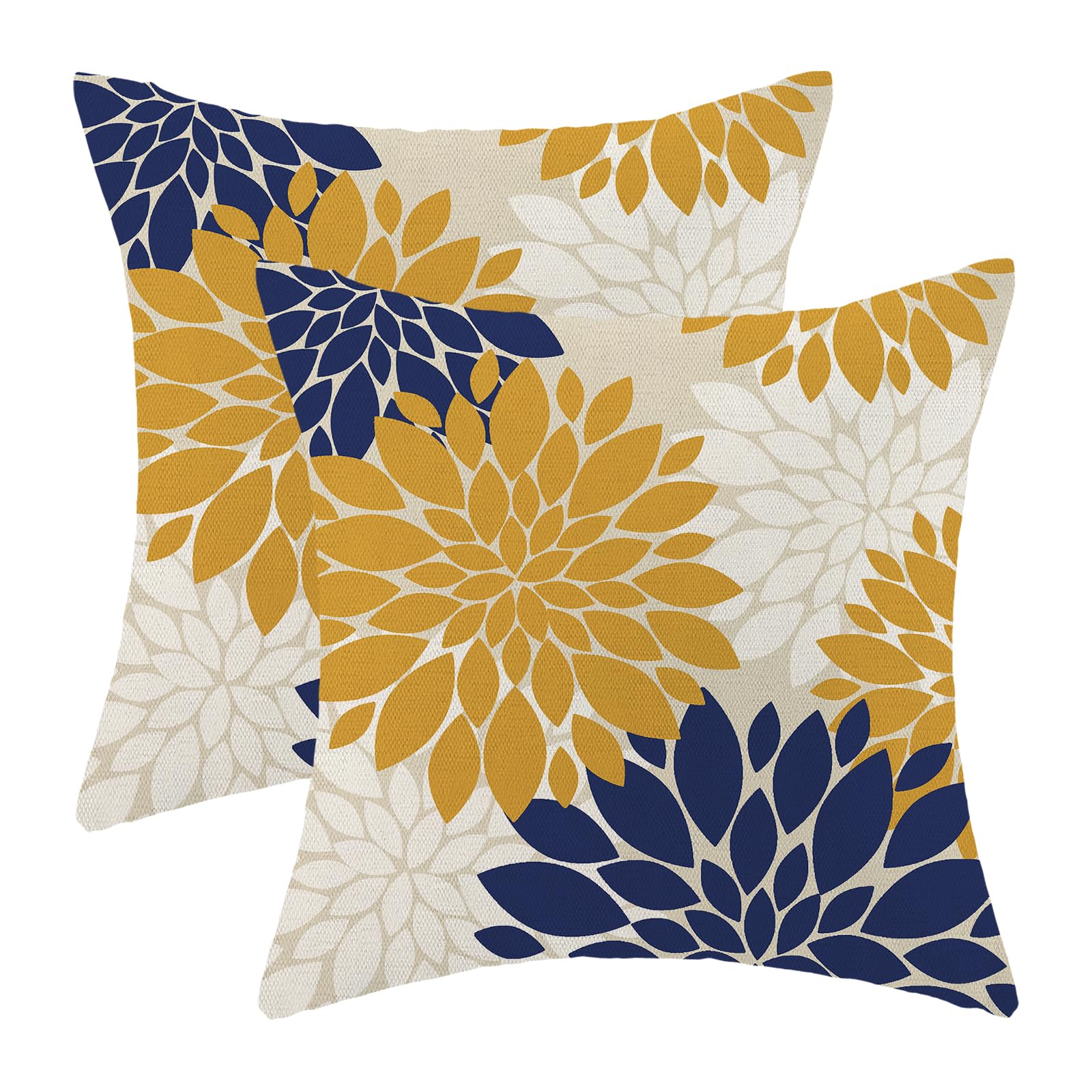 Mustard Yellow Navy Blue Pillow Covers 18x18 Inch Set of 2 White Dahlia Floral Decor Throw Pillows Summer Modern Geometry Flower