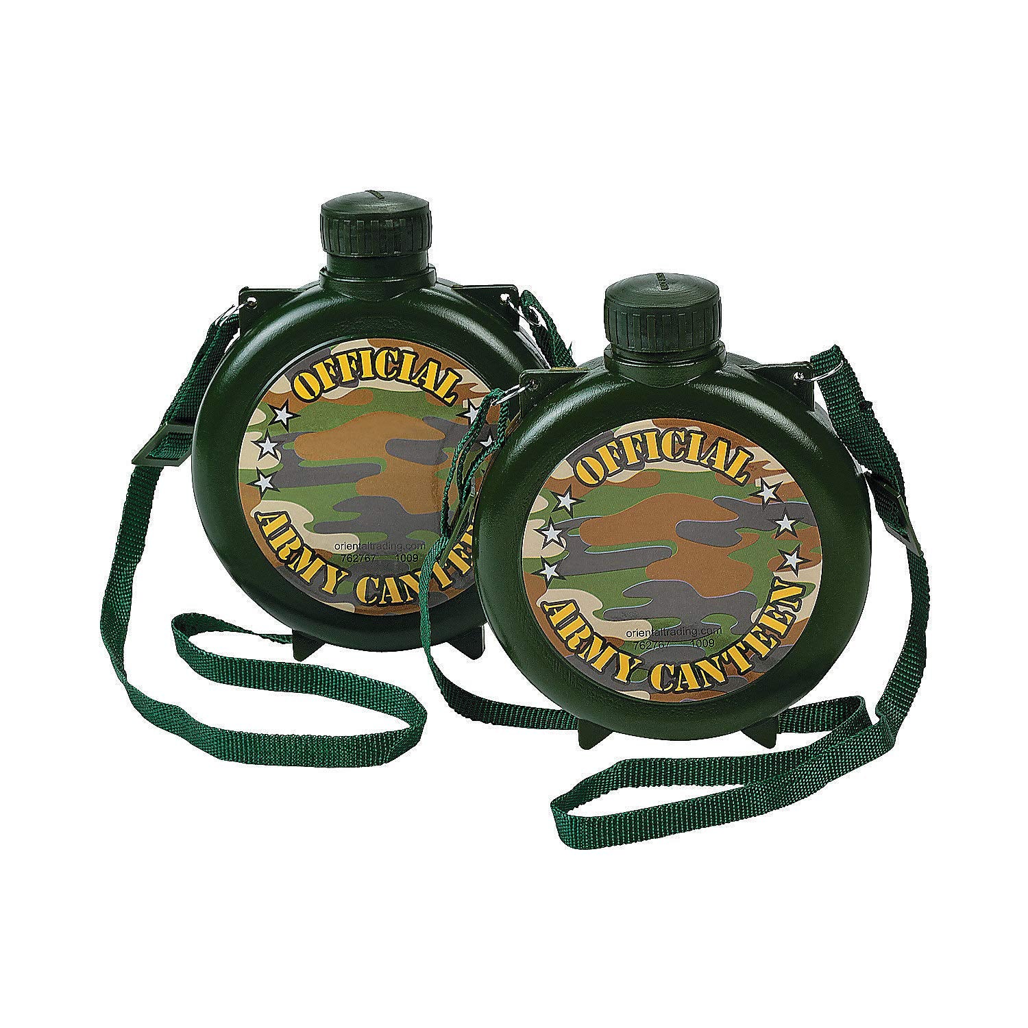 Fun Express Set of 12 Pieces Canteens for Kids Party, Each has Nylon Strap and Holds 15 oz, BPA Free Plastic, Camouflage Canteen