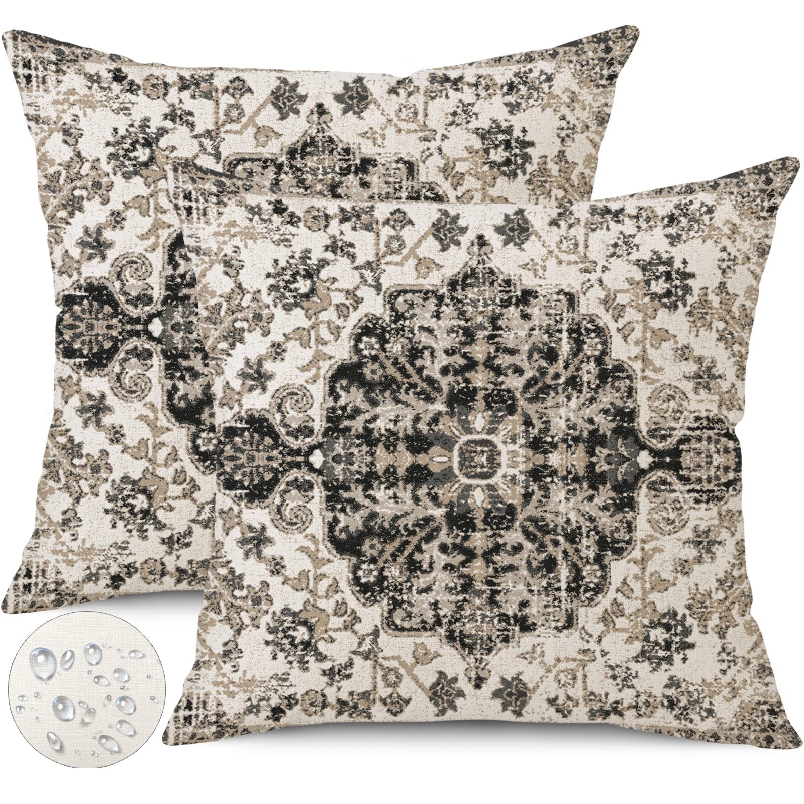 Gujiahone Outdoor Waterproof Pillow Covers 16X16 Inch Set Of 2 Bohemian Vintage Carpet Pattern Pillow Covers Black Grey Ethnic D