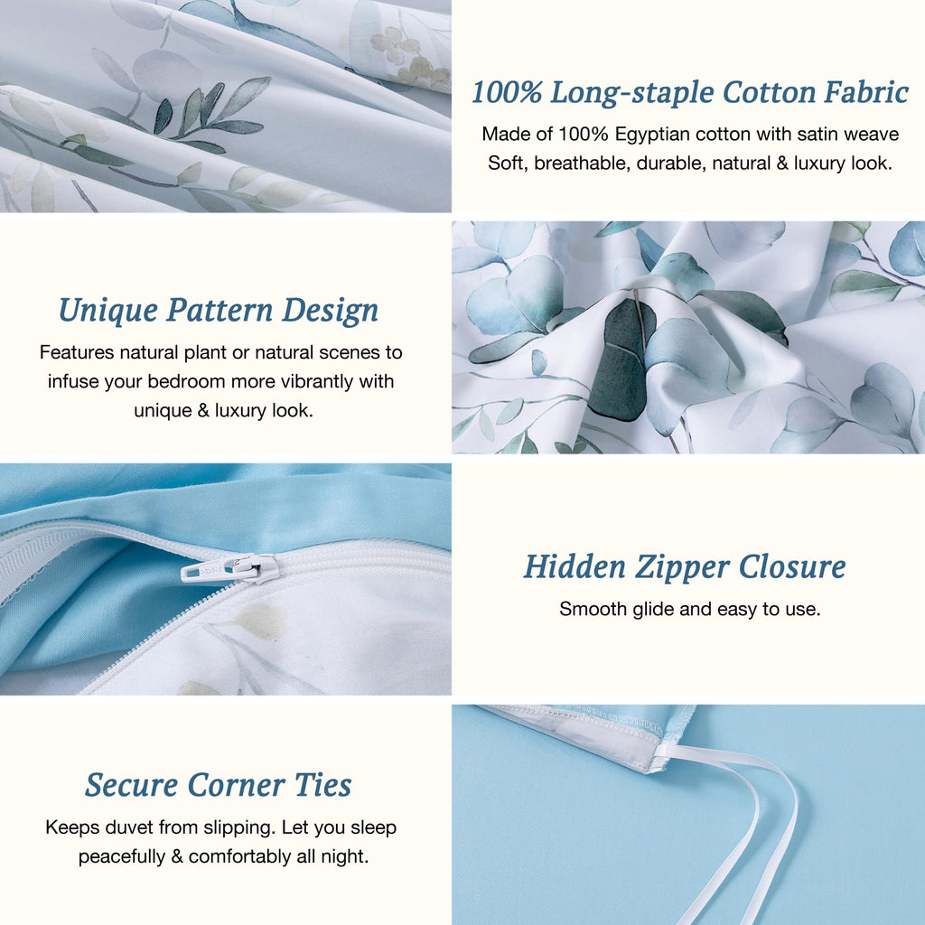 Mildly 100% Long-Staple Cotton Duvet Cover Set Baby Blue Teal Gradient Leaf Pattern Printed Comforter Cover 3Pcs, Ultra Soft & B