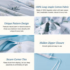 Mildly 100% Long-Staple Cotton Duvet Cover Set Baby Blue Teal Gradient Leaf Pattern Printed Comforter Cover 3Pcs, Ultra Soft & B