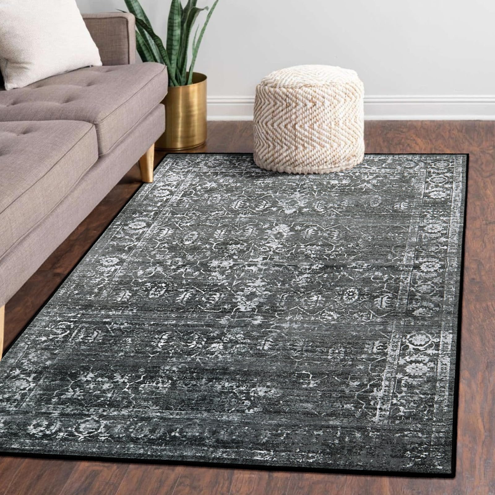 Lahome Black Rug for Living Room Washable Area Rugs for Living Room 4x6,Non Slip Floor Rugs for Living Room Stain Resistant Dini