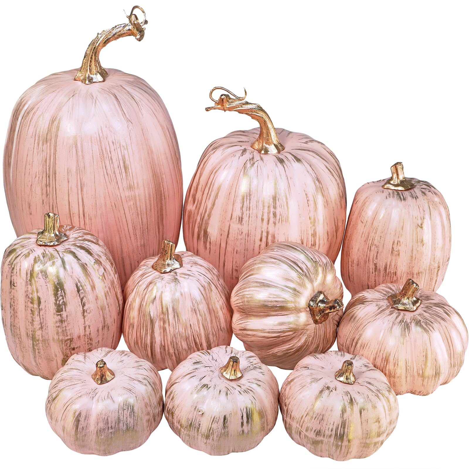 Winlyn 10 Pcs Assorted Artificial Gold Brushed Pink Pumpkins Rustic Decorative Pumpkins Foam Pumpkins for Farmhouse Fall Wedding