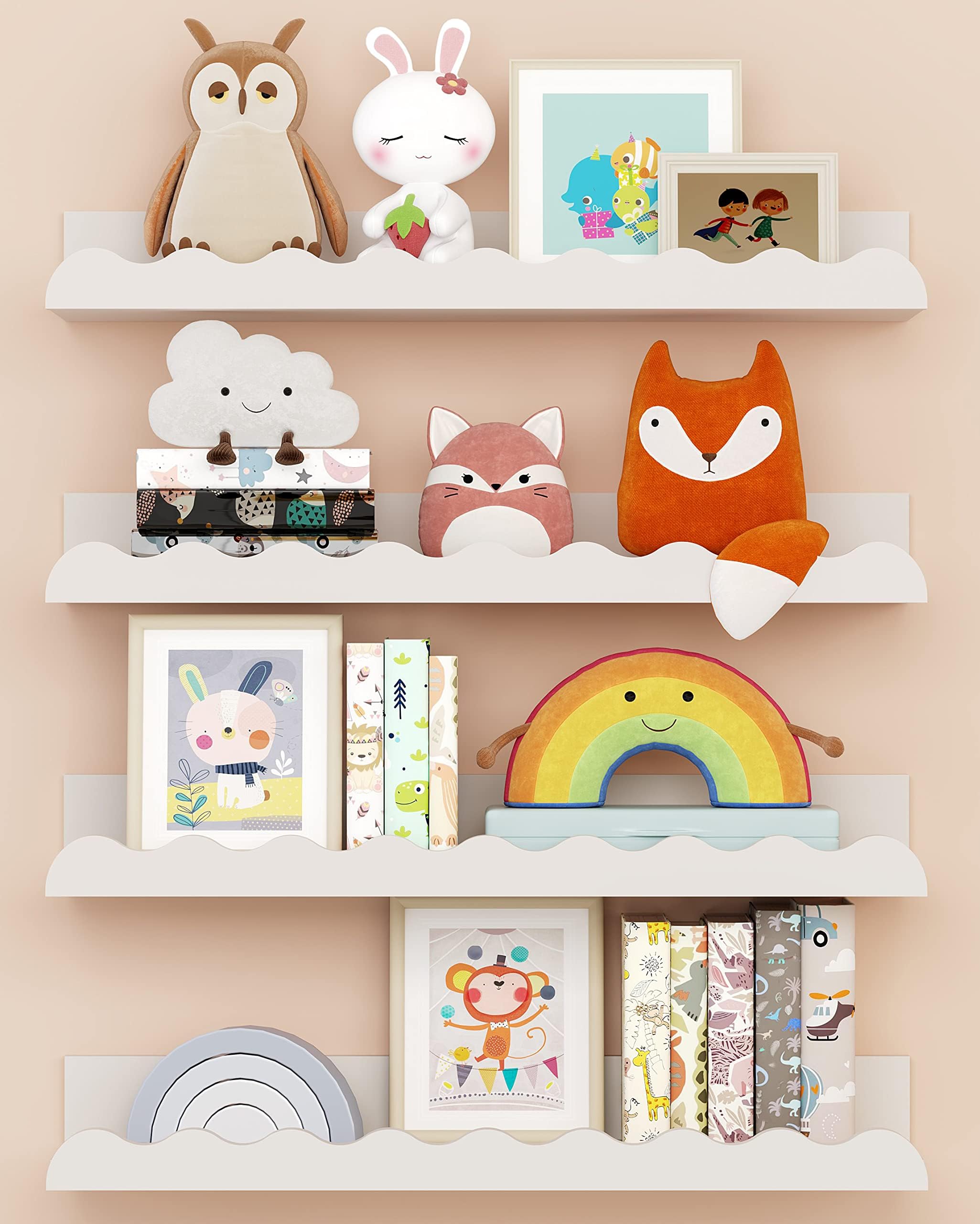 Kids' Bookshelf Set Of 4 - White Floating Nursery Book Shelves, Picture Ledge Shelf For Wall Decor And Storage - Perfect For Books, Toys, Photo Frames, And Nursery Décor
