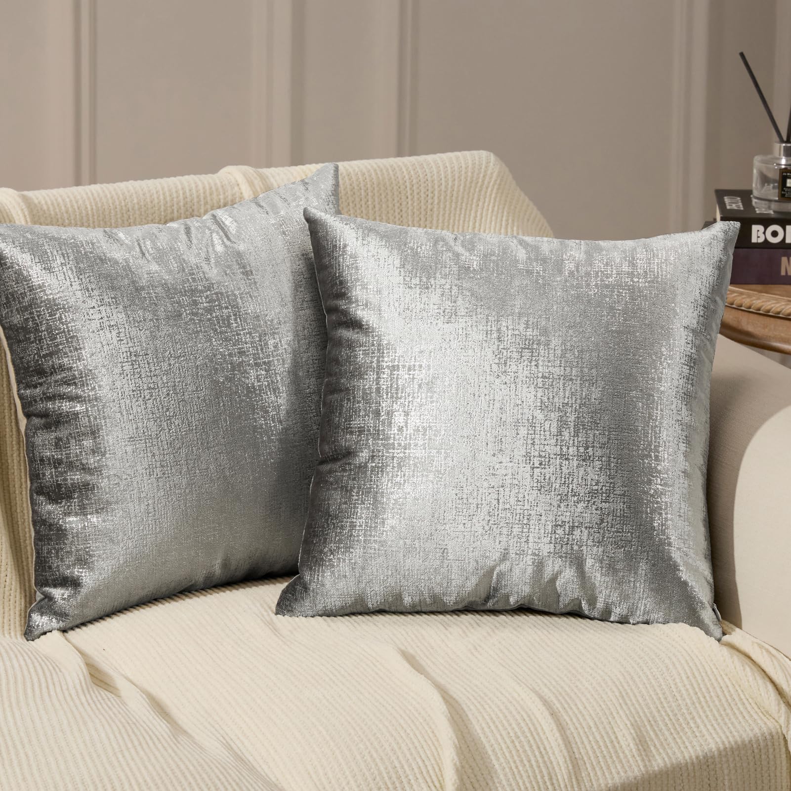 Phantoscope Pack Of 2 Sparkling Velvet Decorative Solid Throw Decorative Pillow Cover Soft Silver Glitter Square Cushion Cover P