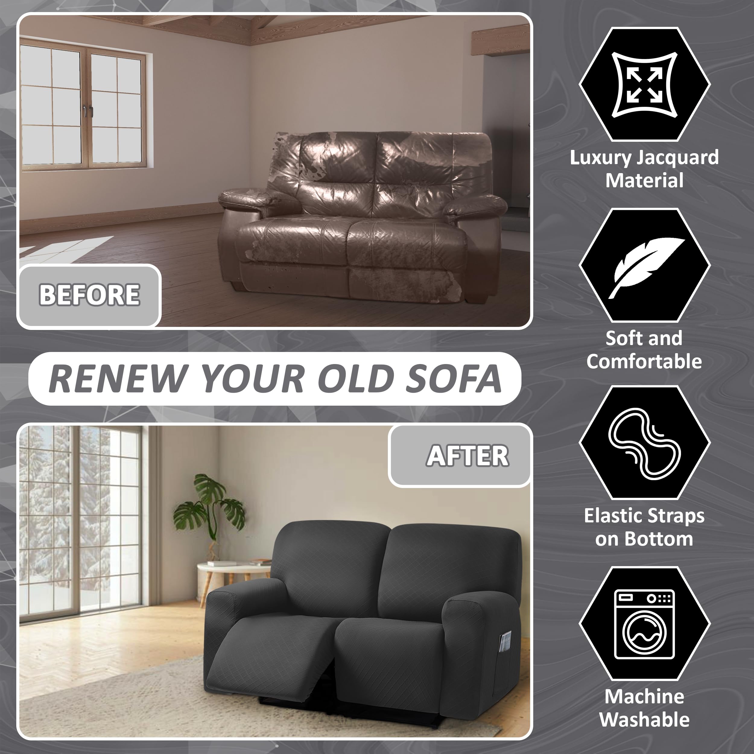 Ulticor Jacquard Fabric Loveseat Cover, 6-Piece, 48-65'' L, Reclining Sofa Cover, Washable, Black