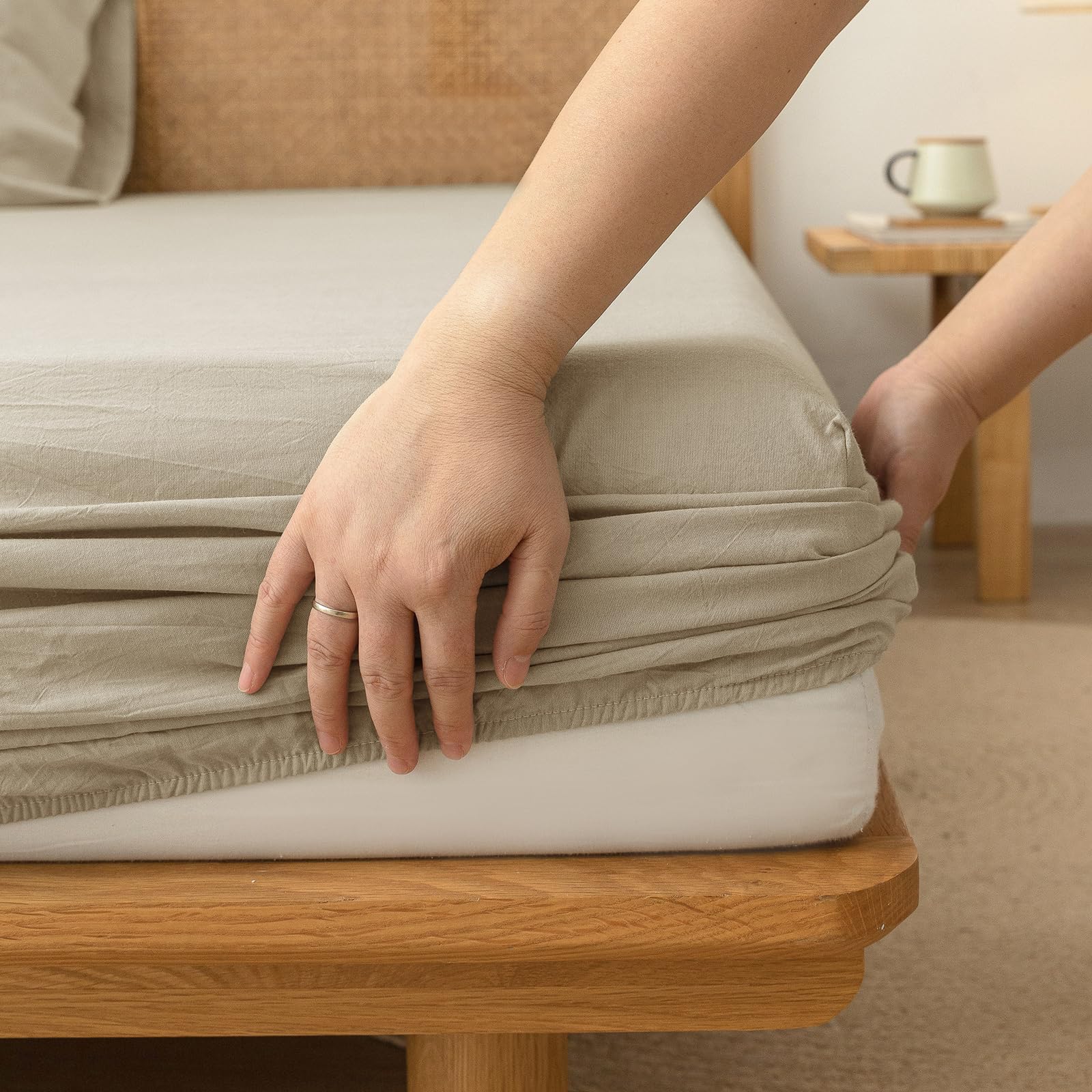 Bestouch Fitted Sheet Only 100% Washed Cotton Linen Feel Easily Fits Deep Pockets Up To 17 Inch Solid Almond Milk Grey King