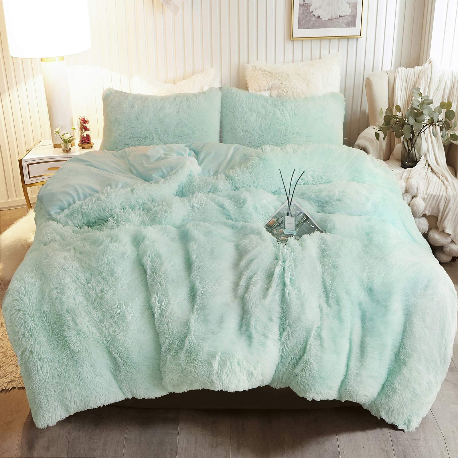 Xege Fluffy Faux Fur Duvet Cover Set, Luxury Ultra Soft Plush Shaggy Terracotta Bedding Set 3 Pieces Velvet(1 Fuzzy Comforter Co
