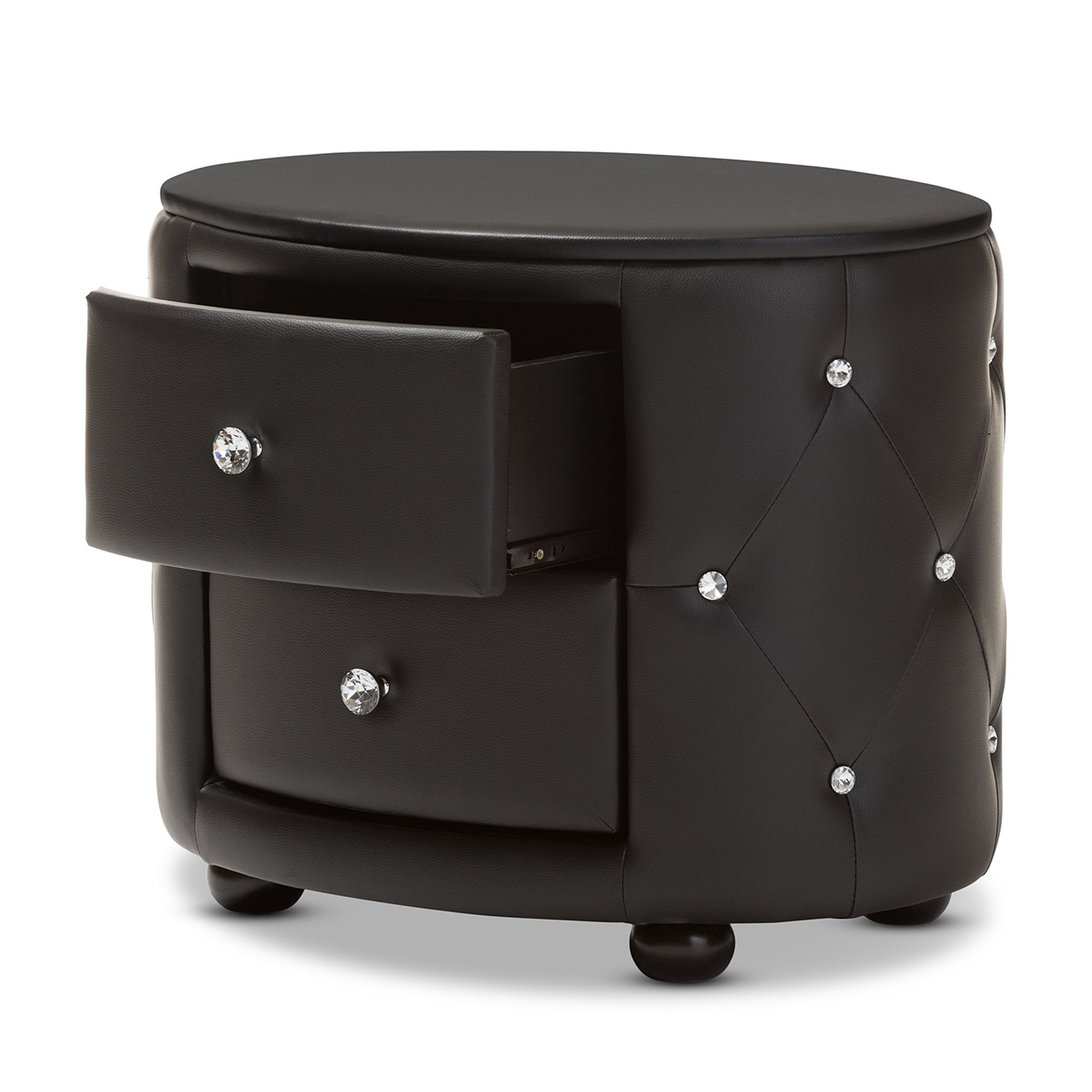 Baxton Studio Davina Hollywood Glamour Style Oval 2-Drawer Faux Leather Upholstered Nightstand, Medium, Black