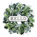 Hello Door Wreath, Boxwood Wreath 24inch, 24 Farmhouse Eucalyptus Flocked Lambs Ear Wreath for Front Door Hanging Wall Window 