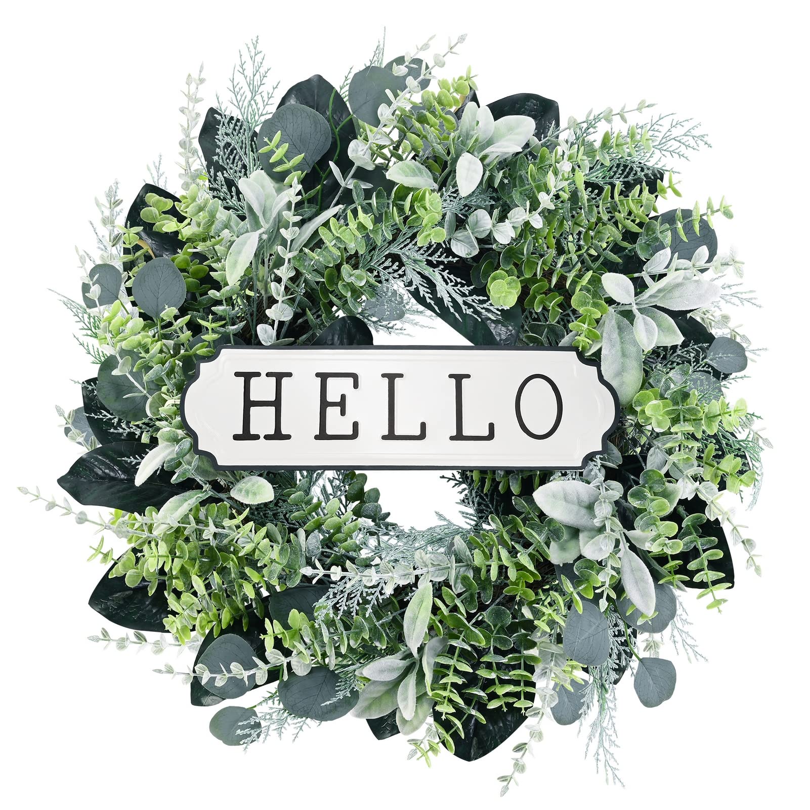 Hello Door Wreath, Boxwood Wreath 24inch, 24 Farmhouse Eucalyptus Flocked Lambs Ear Wreath for Front Door Hanging Wall Window 