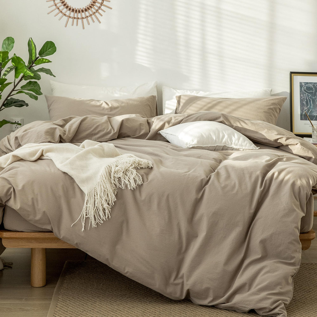 Moomee Bedding Duvet Cover Set 100% Washed Cotton Linen Like Textured Breathable Durable Soft Comfy (Mocha Brown, Super Queen)