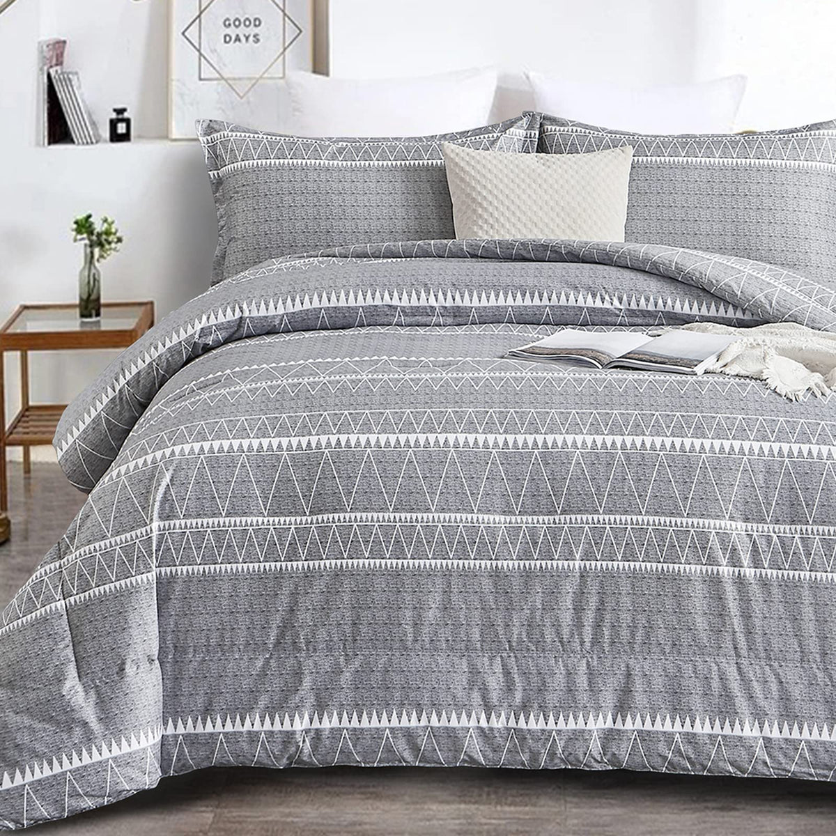 Wongs Bedding Grey Comforter King, Soft Microfiber Reversible Grey Boho Down Alternative Comforter Set For King Bed- 3 Pieces (1