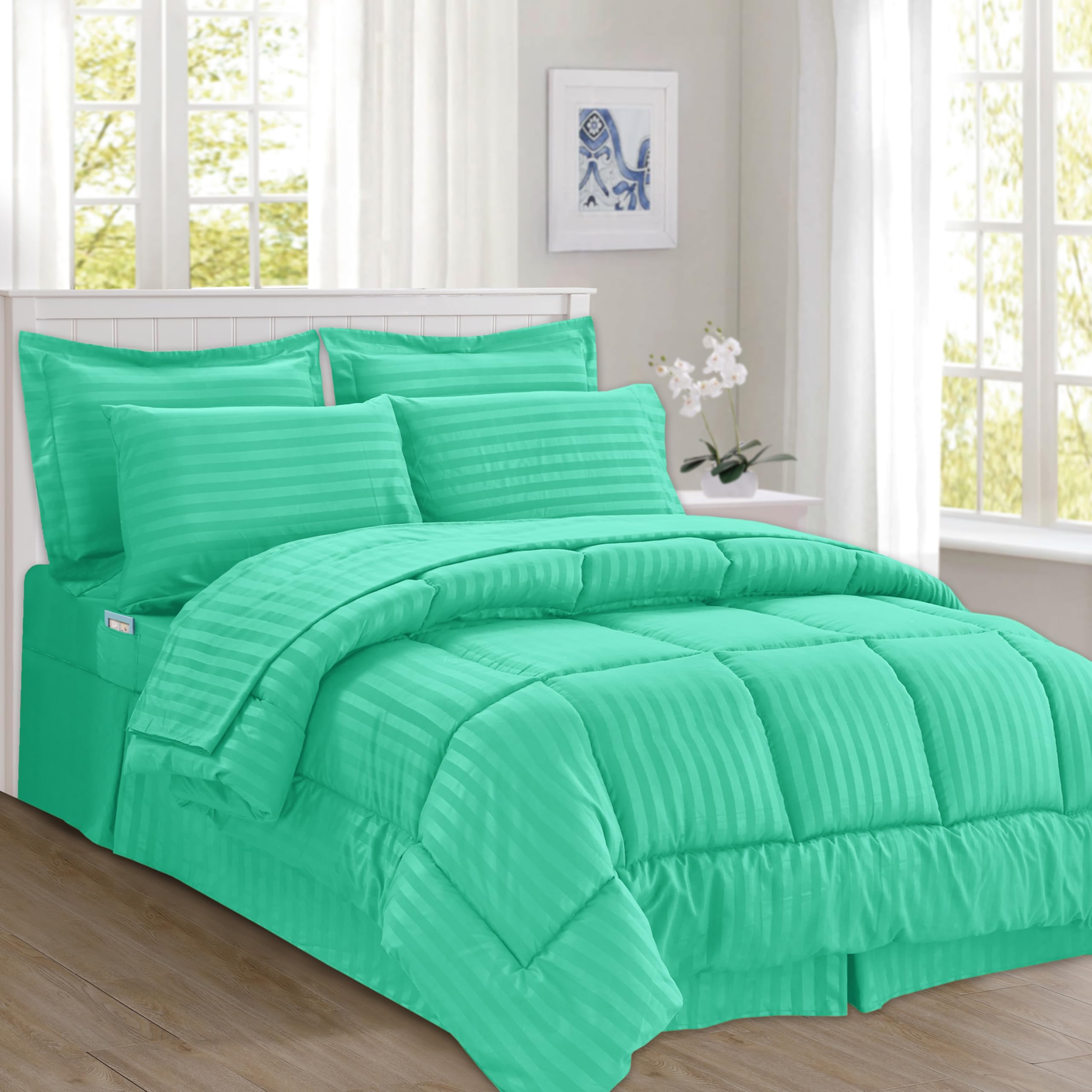 Elegant Comfort Silky Soft 8-Piece Dobby Stripe Bed-In-A-Bag Comforter Set, Includes 4Pc Smart Sheet Set, Bed Skirt, Comforter, Matching Pillowcases And Shams - Full/Queen, Paradise Teal