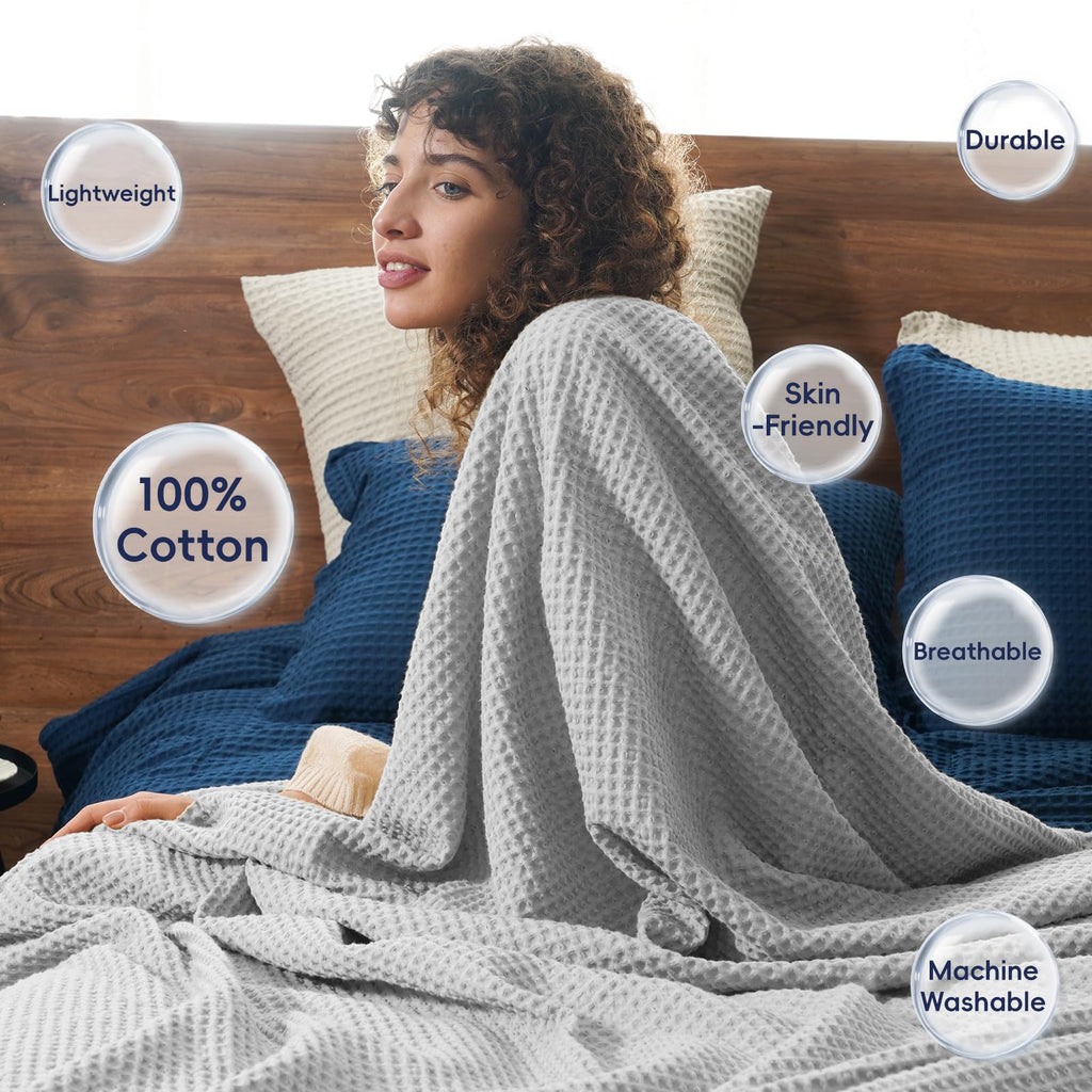 Phf 100% Cotton Waffle Weave Blanket Twin Size 66'X90' -Lightweight Washed Soft Breathable Blanket For All Season-Perfect Blanket Layer For Couch Bed Sofa - Light Grey