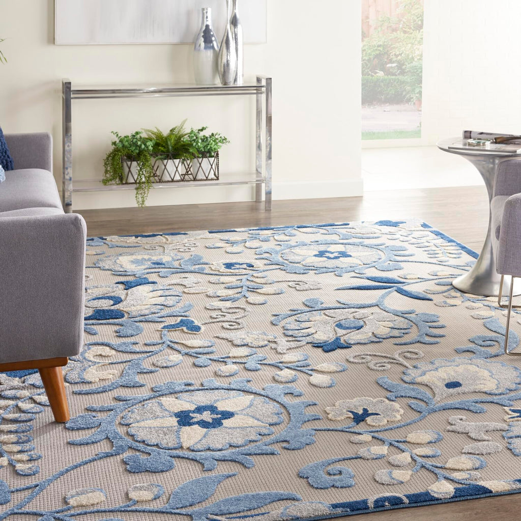 Nourison Aloha Indoor/Outdoor Blue/Grey 9' X 12' Area-Rug,Easy-Cleaning, Non Shedding, Bed Room, Living Room, Dining Room, Deck, Backyard, Patio (9X12)
