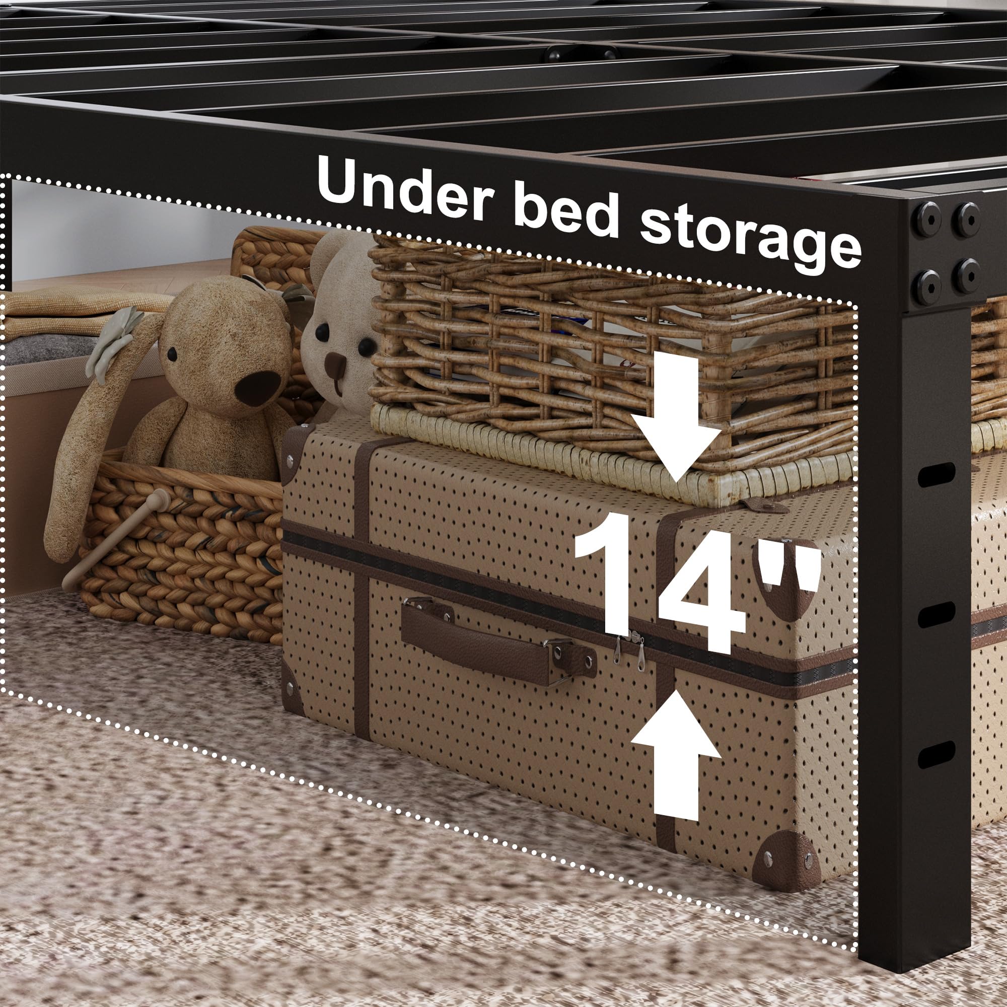 Upcanso 16 Inch Queen Bed Frame With White Skirt Cover, Metal Bed Frame Queen Size With Storage, No Box Spring Needed, Heavy Duty, Easy Assembly, Noise Free, Mattress Foundation