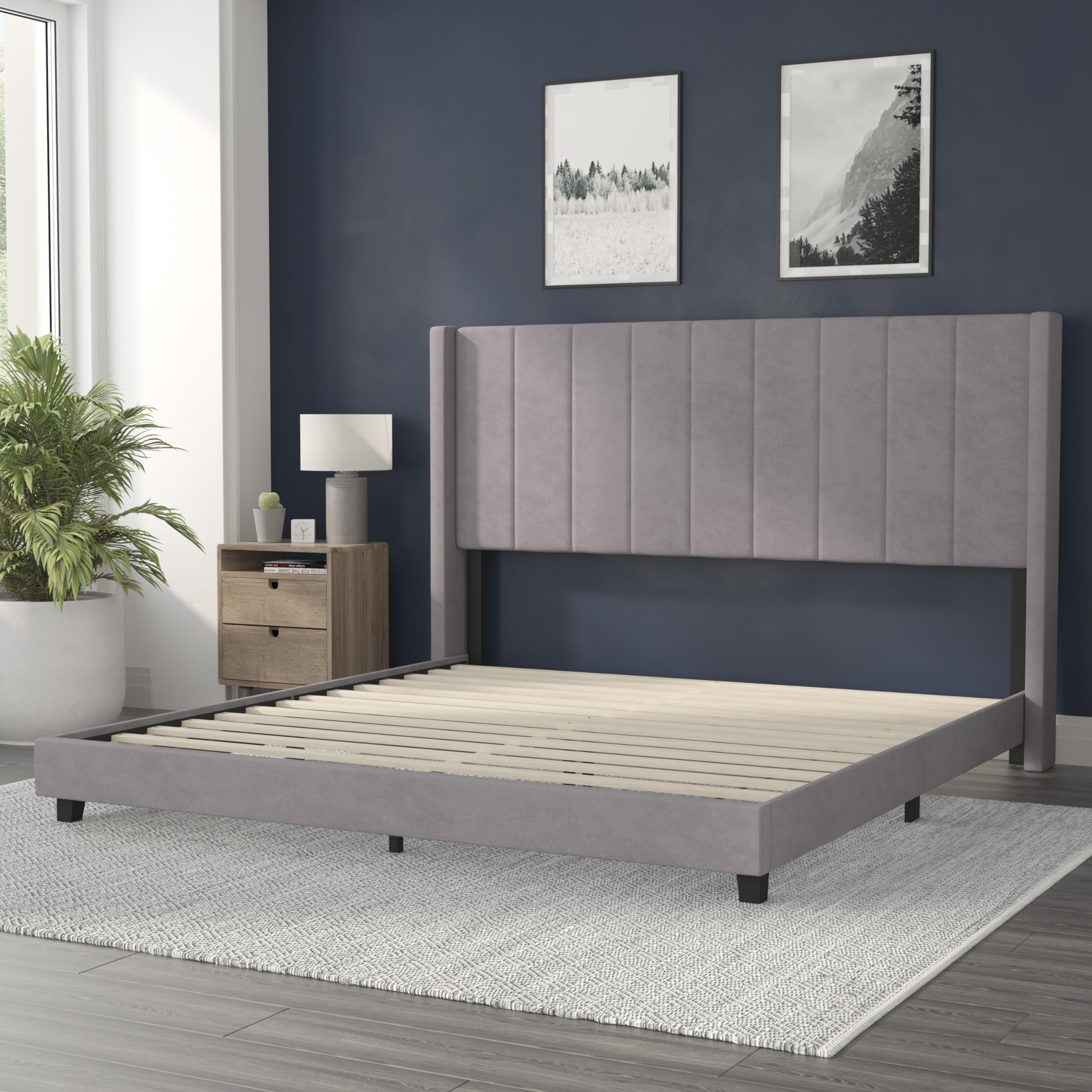 Flash Furniture Bianca Upholstered Platform Bed - Gray Velvet Upholstery - King - Wingback Headboard - Slatted Mattress Foundation - No Box Spring Needed