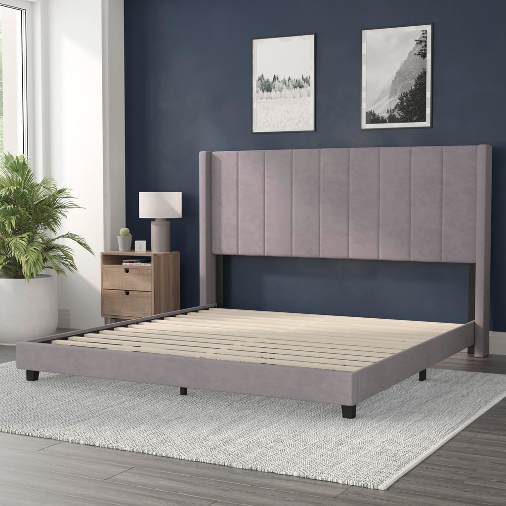 Flash Furniture Bianca Upholstered Platform Bed - Gray Velvet Upholstery - King - Wingback Headboard - Slatted Mattress Foundation - No Box Spring Needed