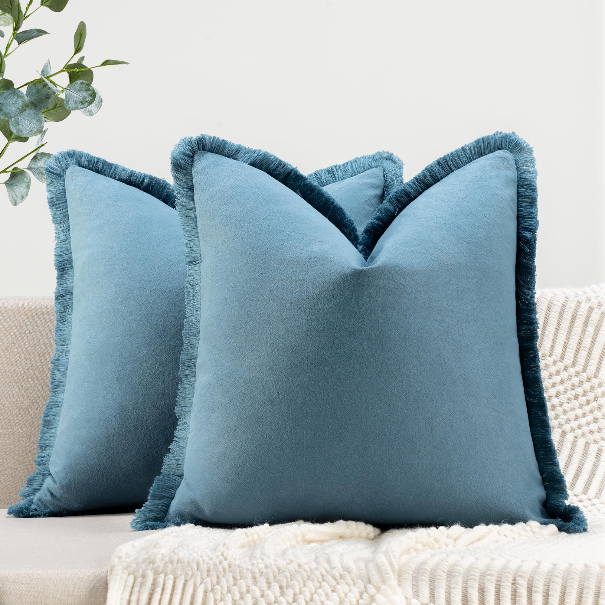 Zwjd Pillow Covers 26X26 Set Of 2 Blue Throw Pillow Covers With Fringe Chic Cotton Decorative Pillows Square Cushion Covers For