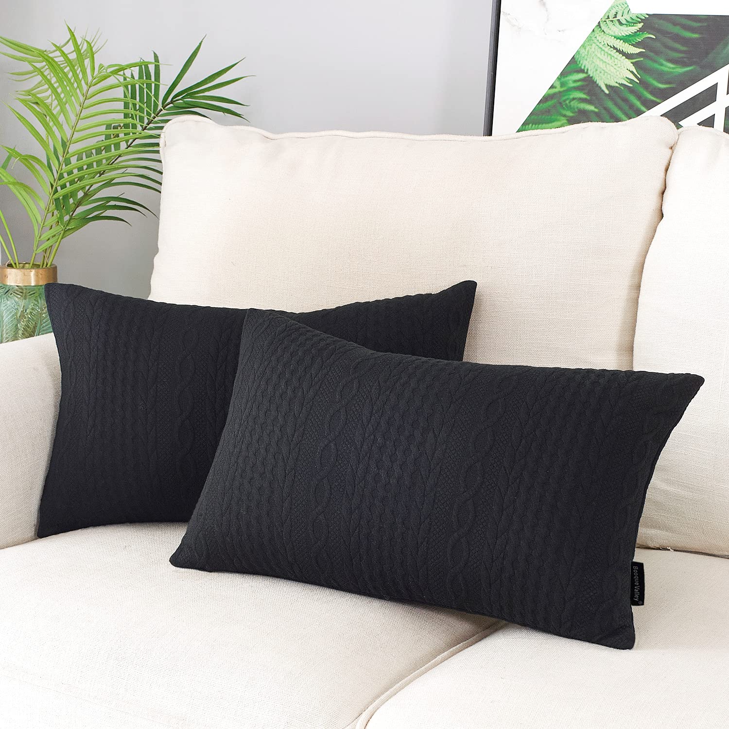 Booque Valley Rectangular Throw Pillow Covers, Pack Of 2 Super Soft Elegant Modern Knit Lumber Black Cushion Covers, Oblong Pill