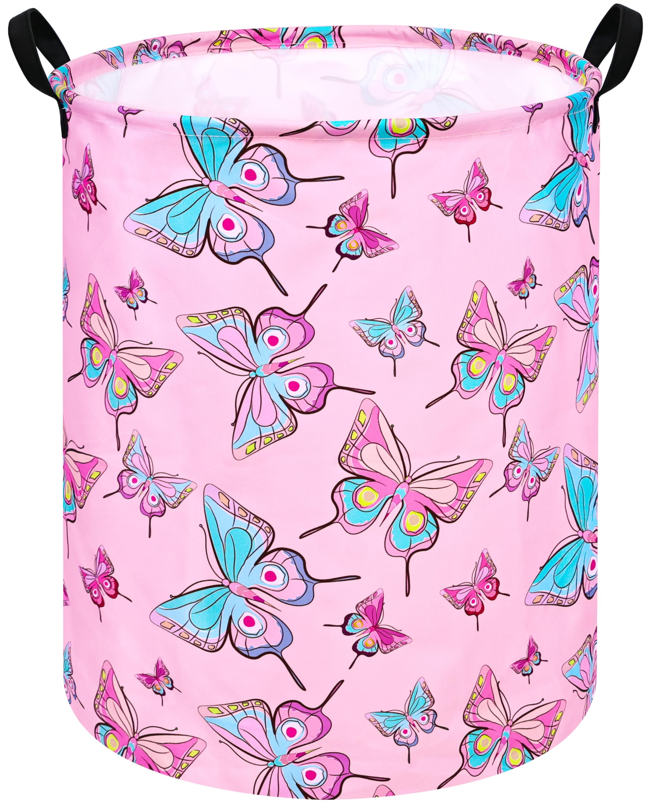 Girls Storage Basket with PE Waterproof Lining Cute Pink Butterfly Print Foldable Hamper 15.7D x 19.7H - Collapsible Laundry Ham