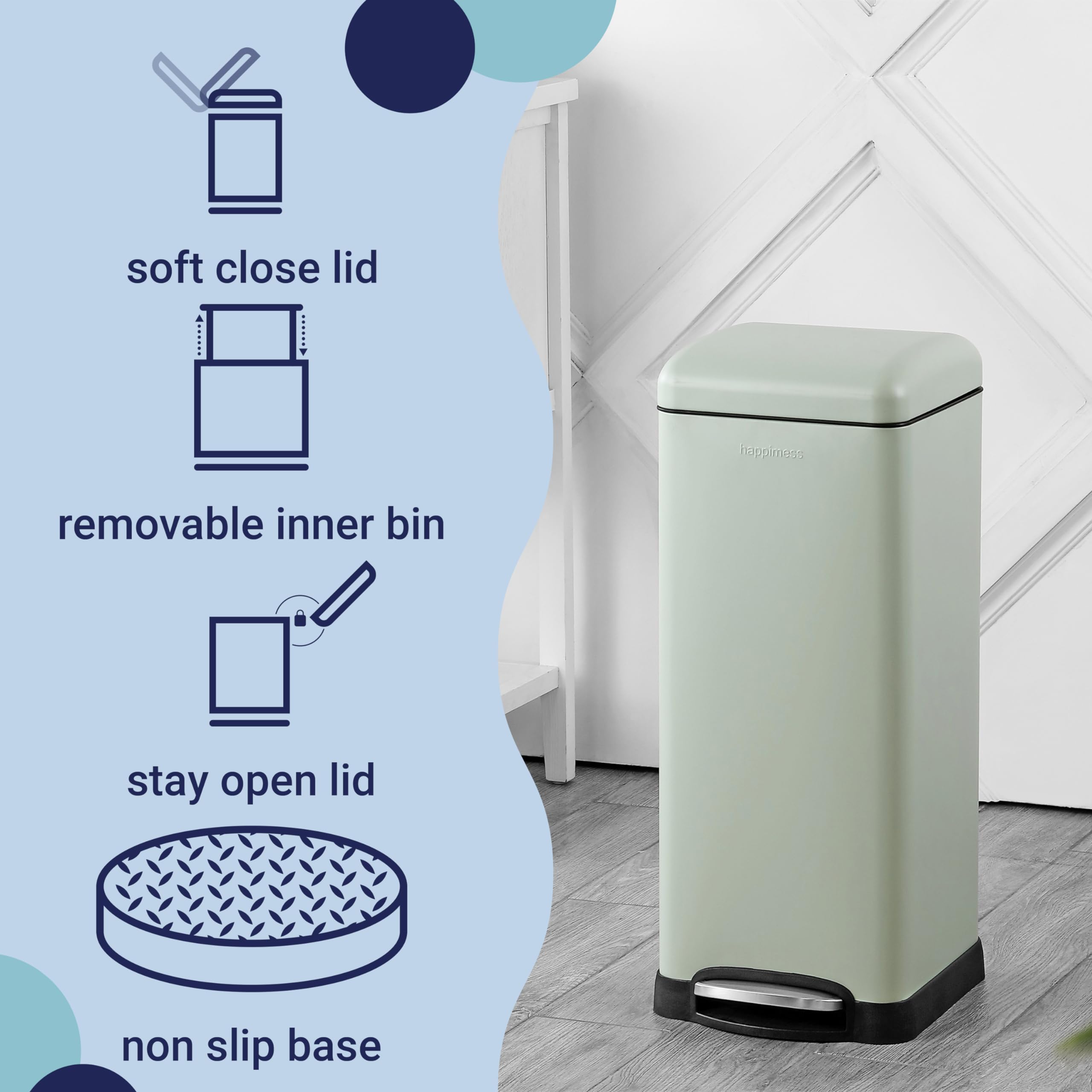 Happimess Hpm1007E Betty Retro 8-Gallon Step-Open Trash Can With Soft-Close Lid, Fingerprint Resistant, Modern, Minimalistic For