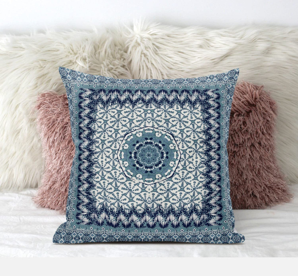 HomeRoots Bright Blue 20â€ Blue White Holy Floral Zippered Suede Throw Pillow