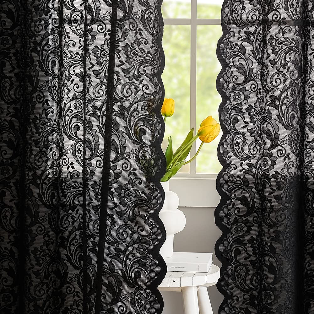 Aligogo Black Lace Halloween Curtains For Living Room Luxury Gothic Sheer Curtains 84 Inches Long Boho Doorway Curtains Witchy/G