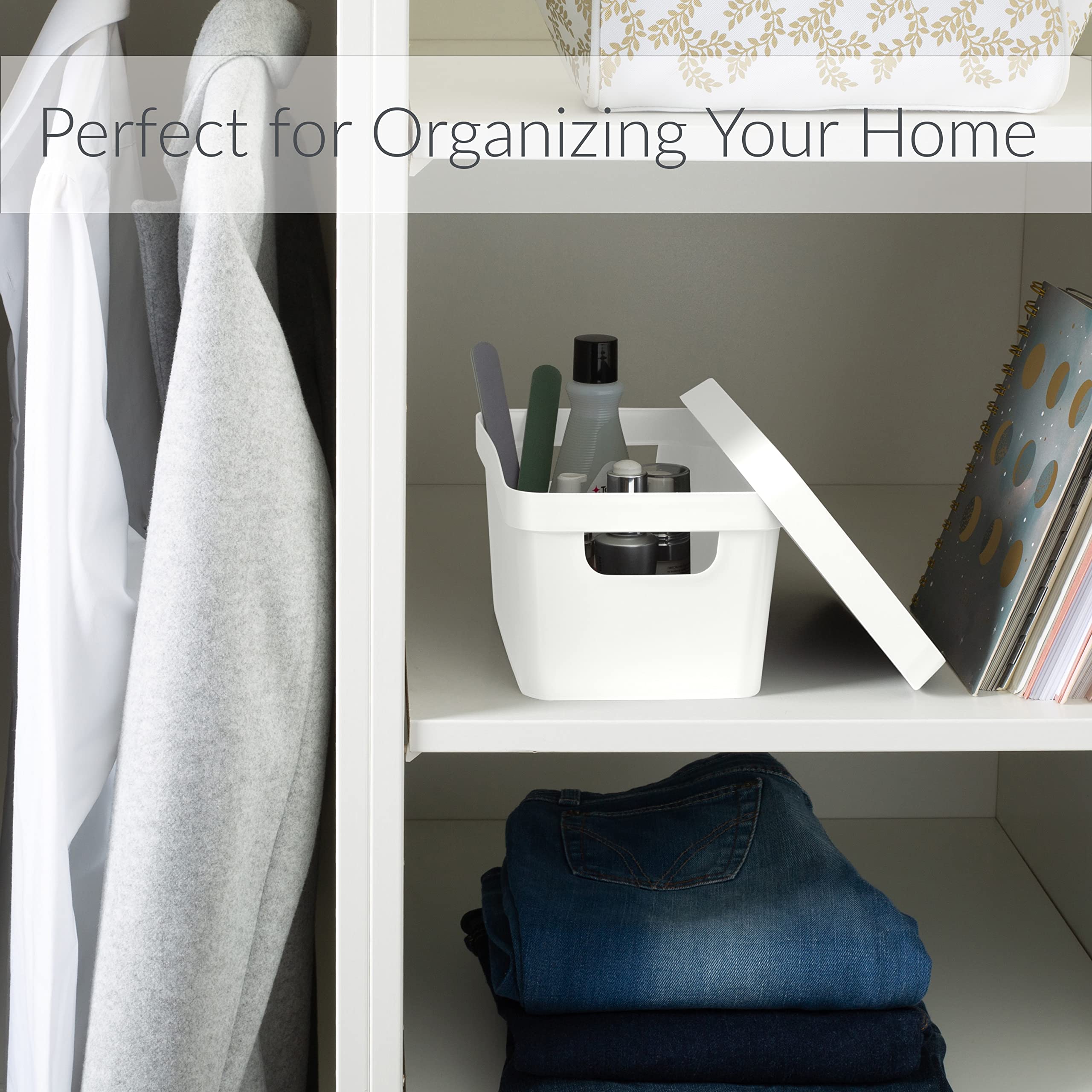 Simplify Small Vinto Storage Box, White, Click Tight Lid, Stackable, 9.76 x 6.69 x 4.84, Home Organization with 2 Handles,