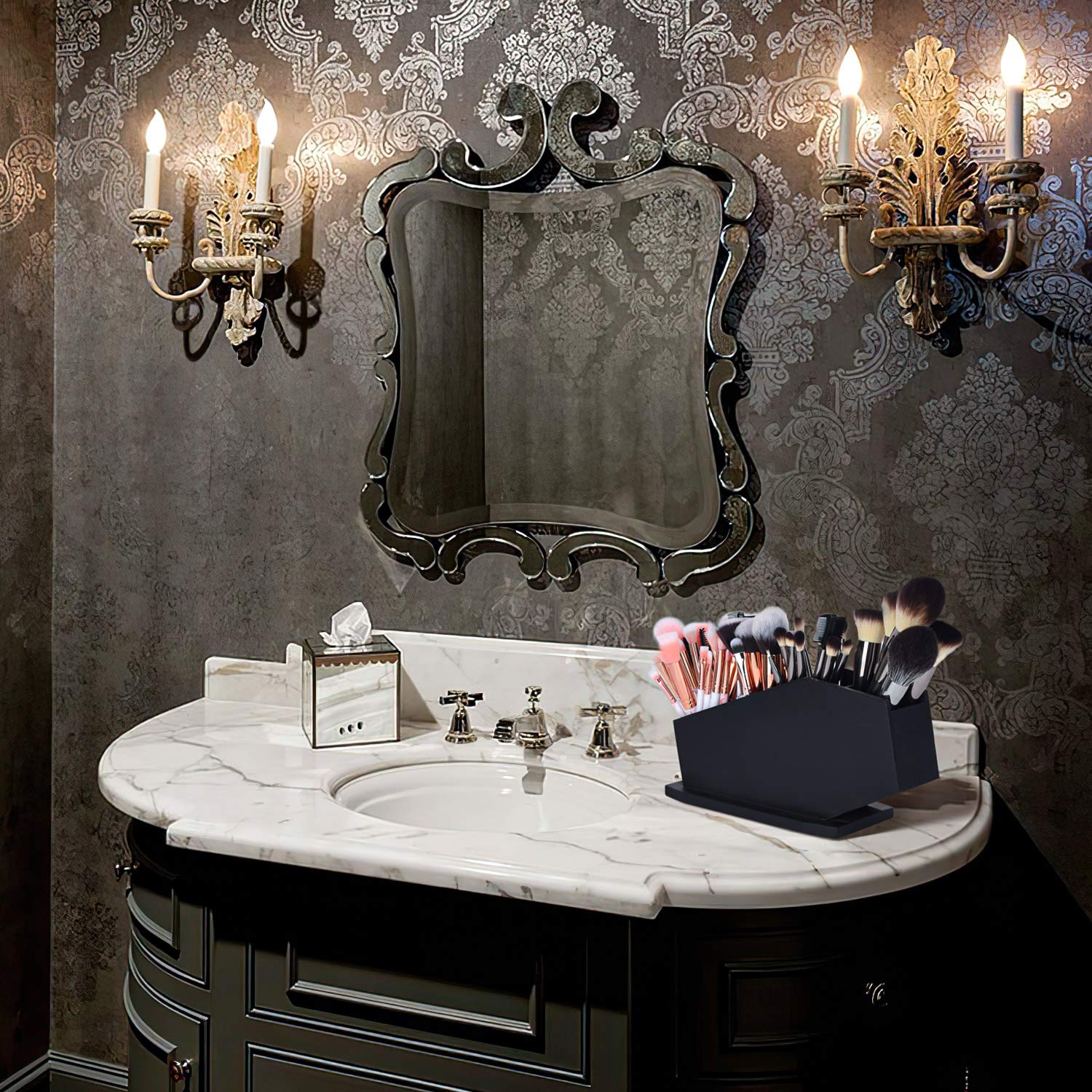 Gothvanity Coffin Brush Holder - Gothic Desk Organizer - Wooden Coffin Pen Holder -Spooky Decor For Bathroom, Living Room Or Bed