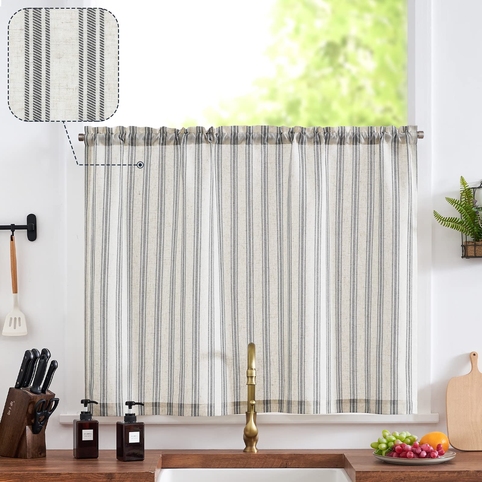 Jinchan Kitchen Curtain Linen Tier Curtain Striped Cafe Curtain 24 Inch Stripe Small Window Curtain Balanced Stripe Curtain Light Filtering Farmhouse For Bathroom Laundry Rv 1 Panel Black On Beige