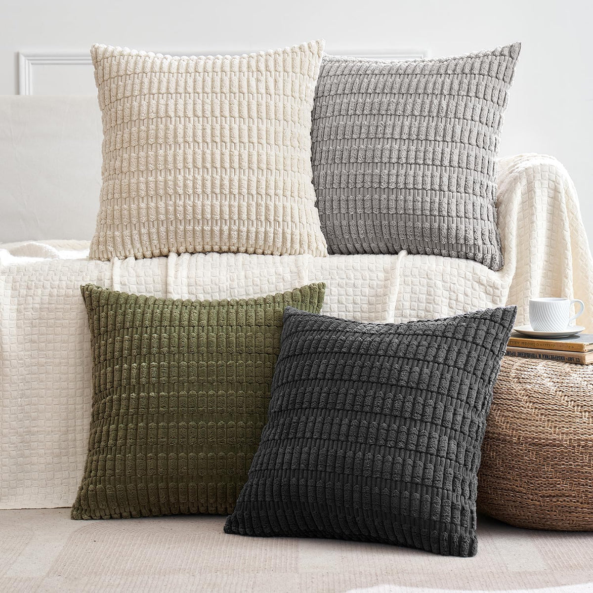 Miulee Pack Of 4 Grey And Olive Corduroy Decorative Throw Pillow Covers 18X18 Inch Soft Boho Striped Pillow Covers Modern Farmho